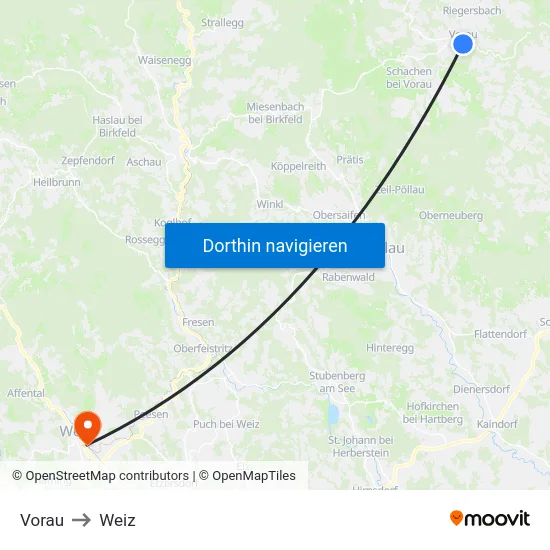 Vorau to Weiz map