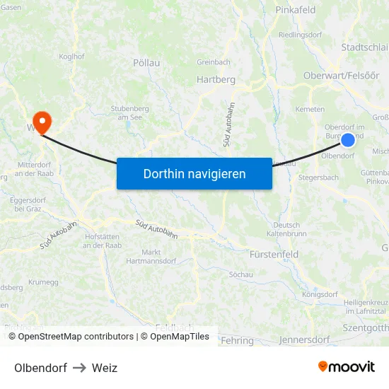 Olbendorf to Weiz map