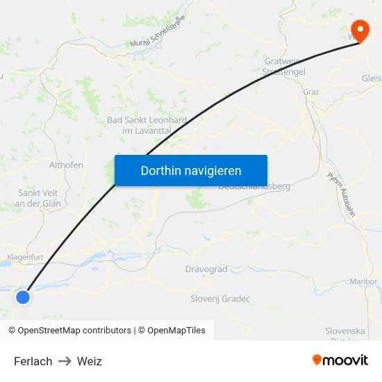 Ferlach to Weiz map