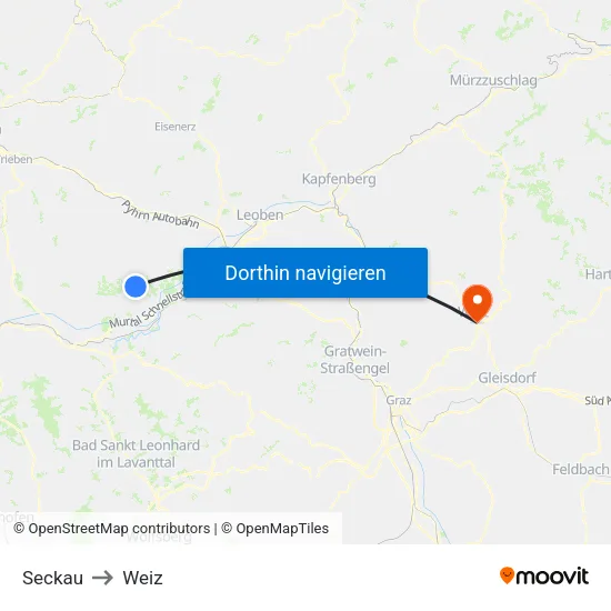 Seckau to Weiz map