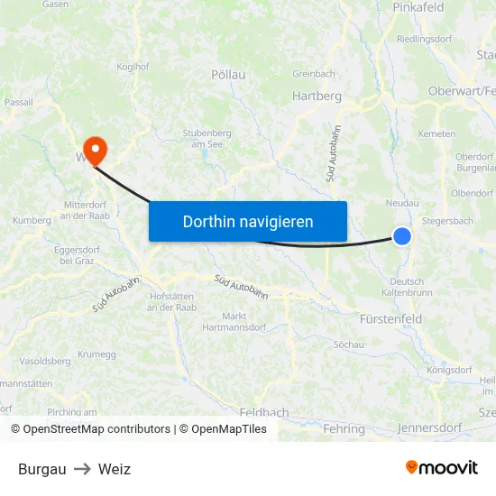 Burgau to Weiz map