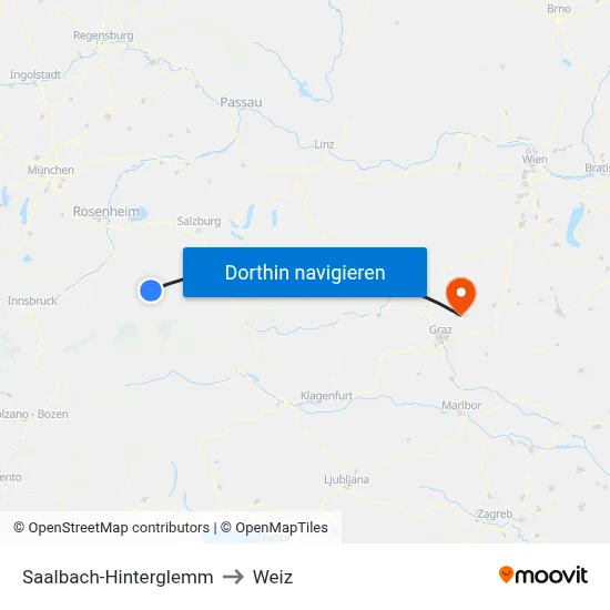 Saalbach-Hinterglemm to Weiz map