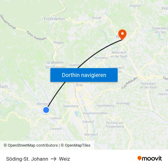 Söding-St. Johann to Weiz map