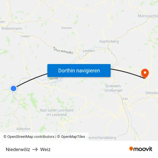 Niederwölz to Weiz map