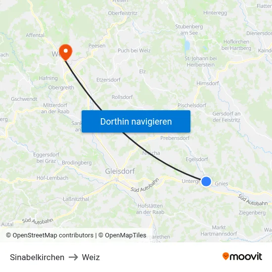 Sinabelkirchen to Weiz map