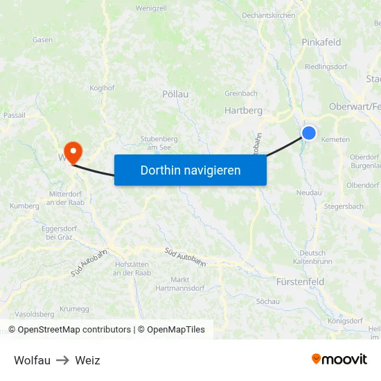 Wolfau to Weiz map
