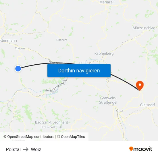 Pölstal to Weiz map