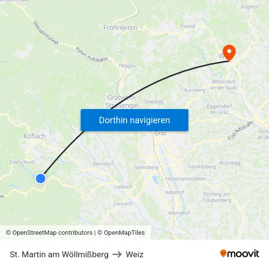 St. Martin am Wöllmißberg to Weiz map