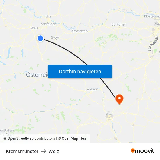 Kremsmünster to Weiz map