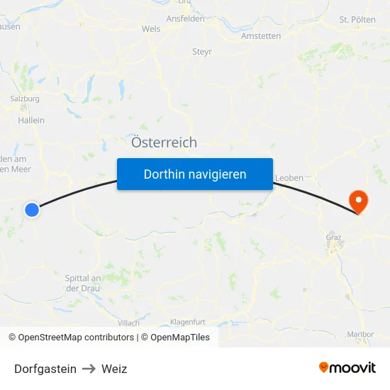 Dorfgastein to Weiz map