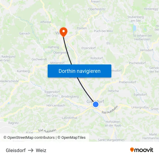 Gleisdorf to Weiz map