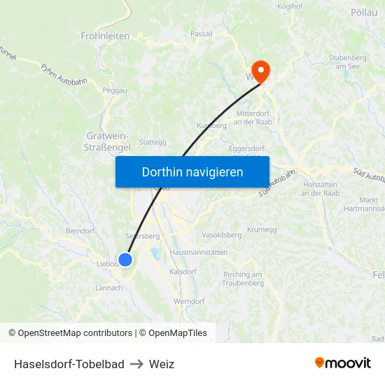 Haselsdorf-Tobelbad to Weiz map