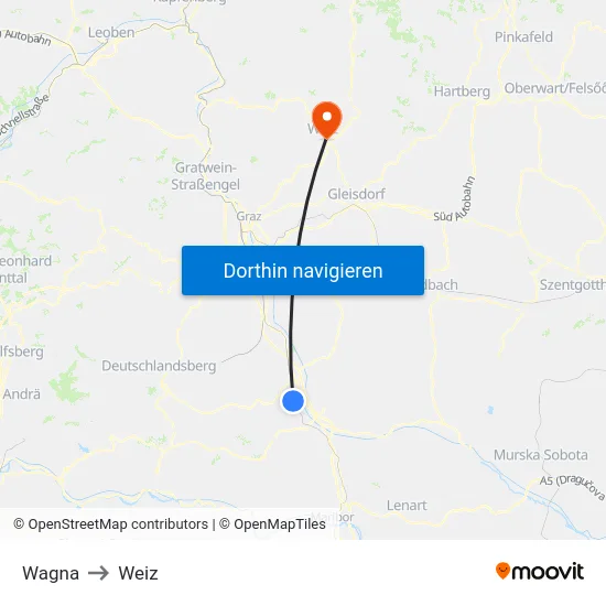 Wagna to Weiz map
