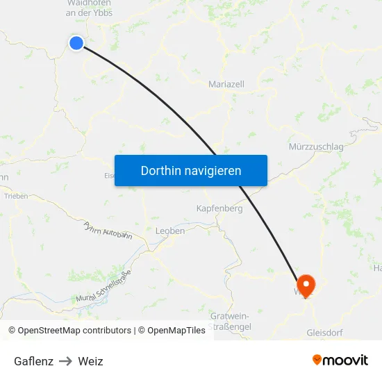 Gaflenz to Weiz map