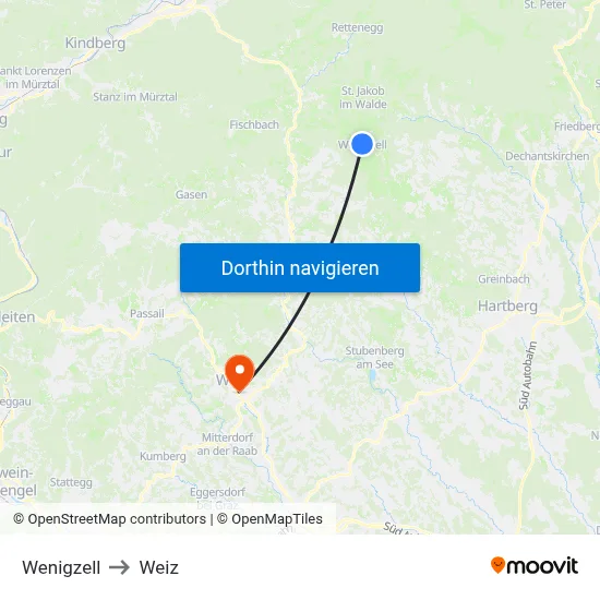 Wenigzell to Weiz map