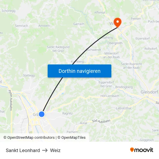 Sankt Leonhard to Weiz map