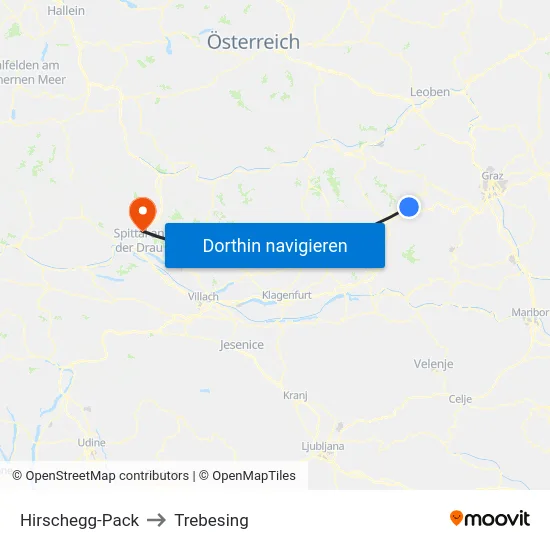 Hirschegg-Pack to Trebesing map