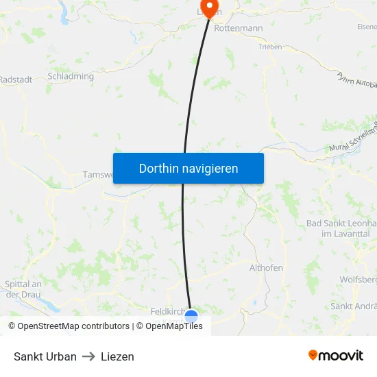 Sankt Urban to Liezen map