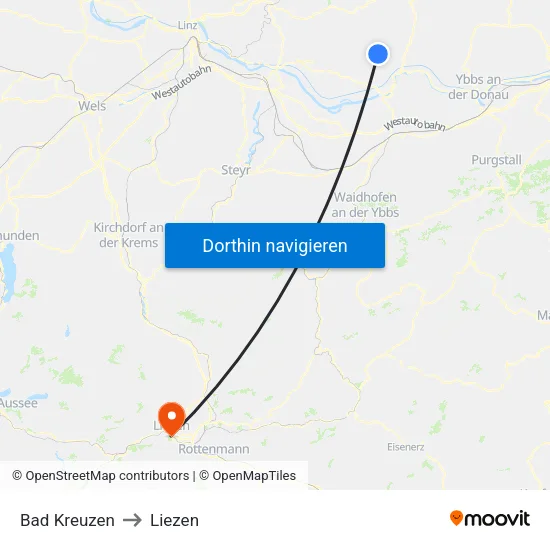 Bad Kreuzen to Liezen map