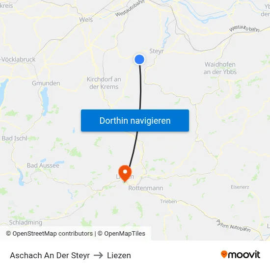 Aschach An Der Steyr to Liezen map