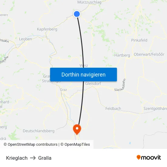 Krieglach to Gralla map