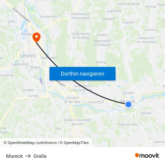 Mureck to Gralla map