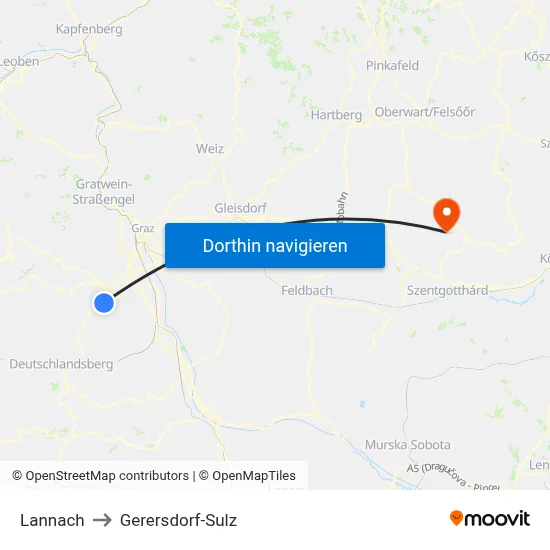 Lannach to Gerersdorf-Sulz map