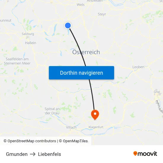 Gmunden to Liebenfels map