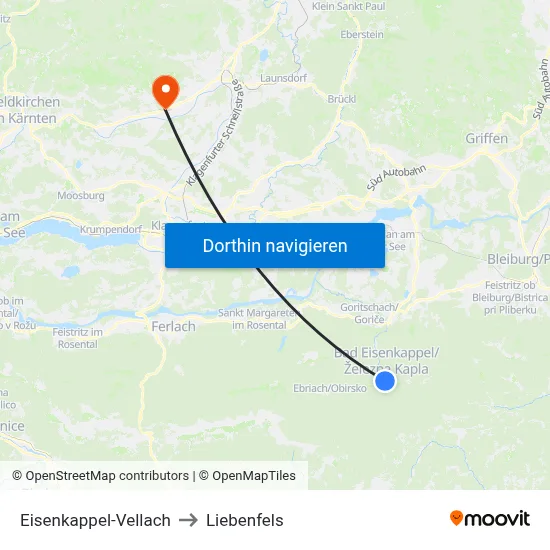 Eisenkappel-Vellach to Liebenfels map