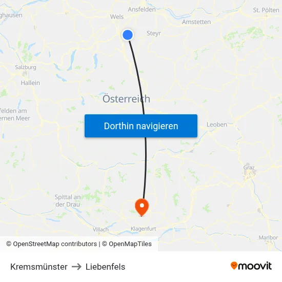 Kremsmünster to Liebenfels map