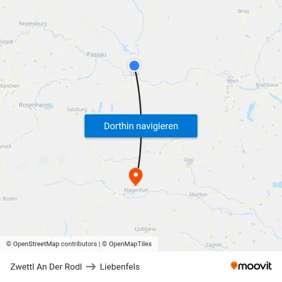 Zwettl An Der Rodl to Liebenfels map