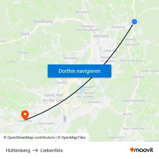 Hüttenberg to Liebenfels map