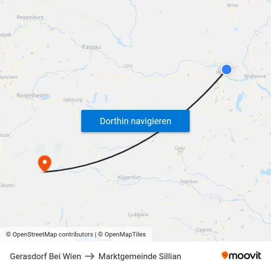 Gerasdorf Bei Wien to Marktgemeinde Sillian map