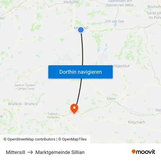 Mittersill to Marktgemeinde Sillian map