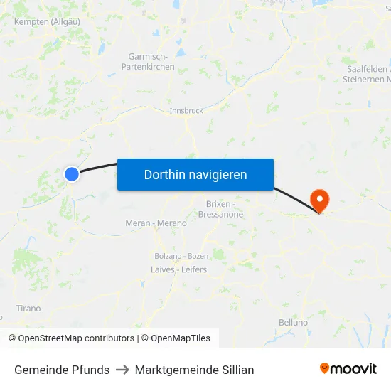 Gemeinde Pfunds to Marktgemeinde Sillian map