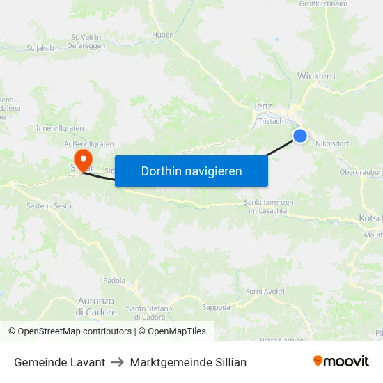 Gemeinde Lavant to Marktgemeinde Sillian map