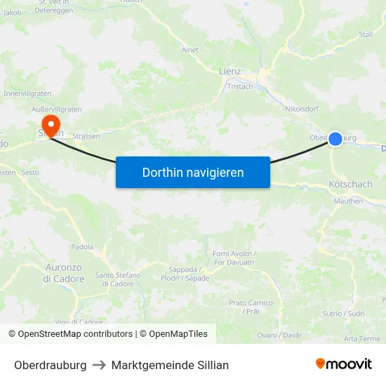 Oberdrauburg to Marktgemeinde Sillian map