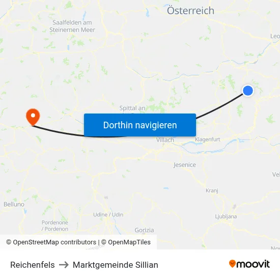 Reichenfels to Marktgemeinde Sillian map