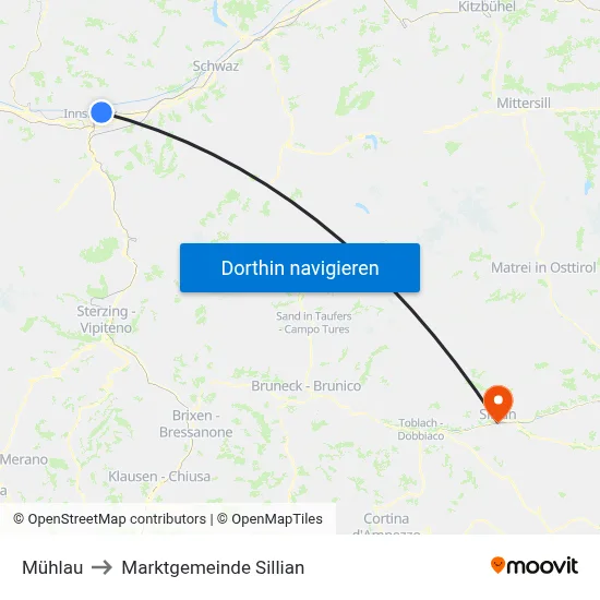 Mühlau to Marktgemeinde Sillian map