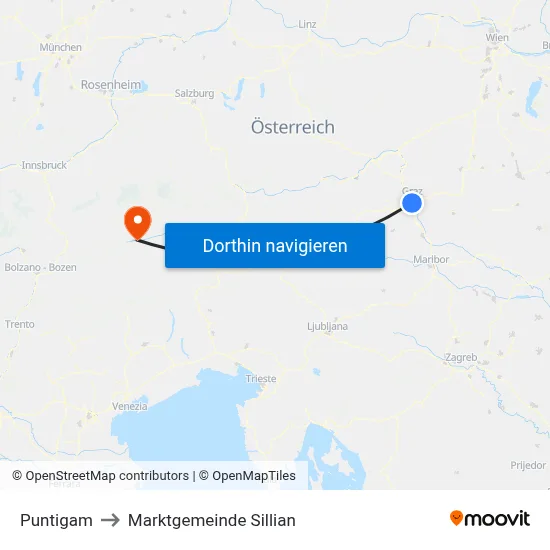 Puntigam to Marktgemeinde Sillian map