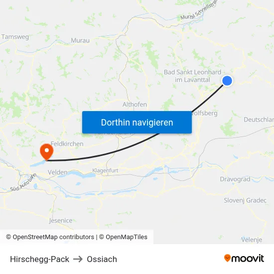 Hirschegg-Pack to Ossiach map
