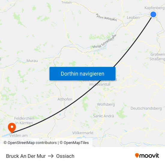 Bruck An Der Mur to Ossiach map