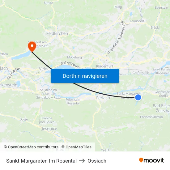 Sankt Margareten Im Rosental to Ossiach map