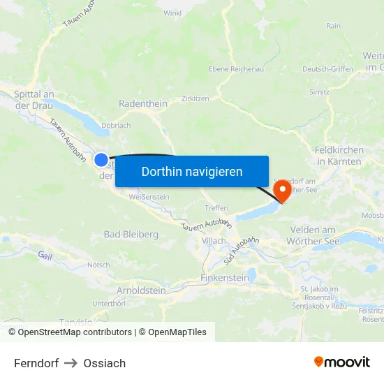 Ferndorf to Ossiach map