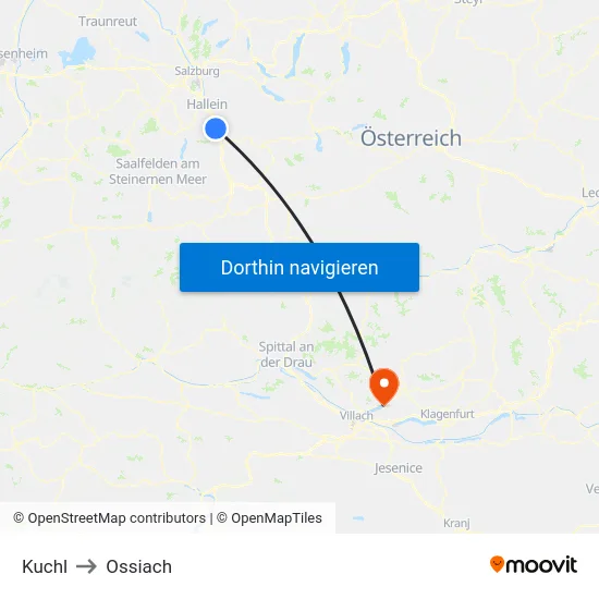 Kuchl to Ossiach map