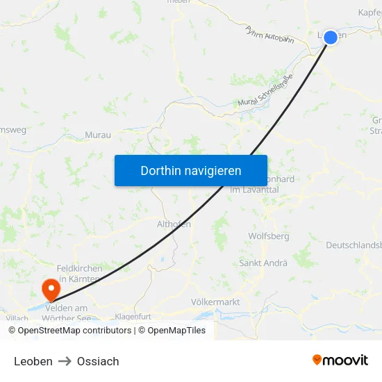 Leoben to Ossiach map