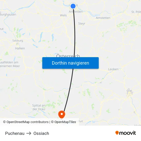 Puchenau to Ossiach map