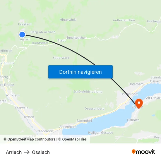 Arriach to Ossiach map