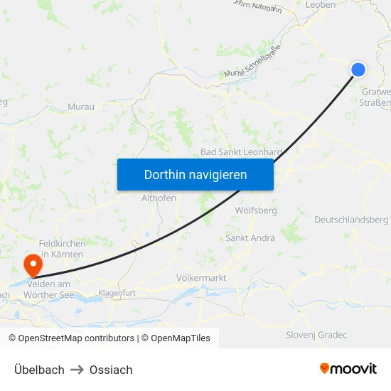 Übelbach to Ossiach map