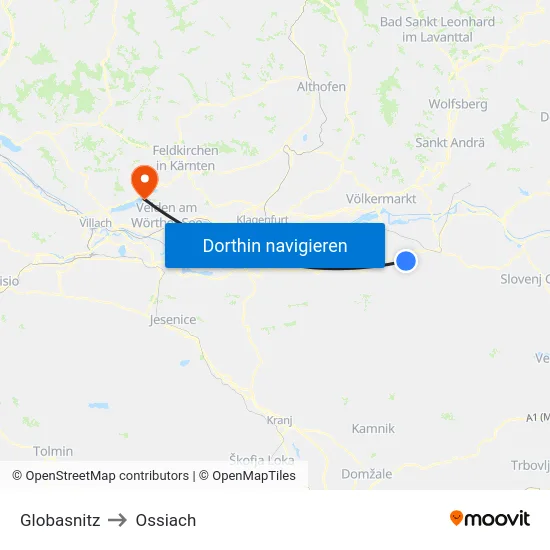 Globasnitz to Ossiach map